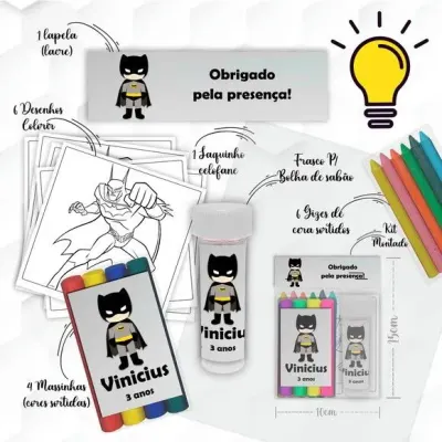 Kit Massinha + Giz + Bolha Batman Cute Personalizado - artesanato de Mi Papelaria Criativa