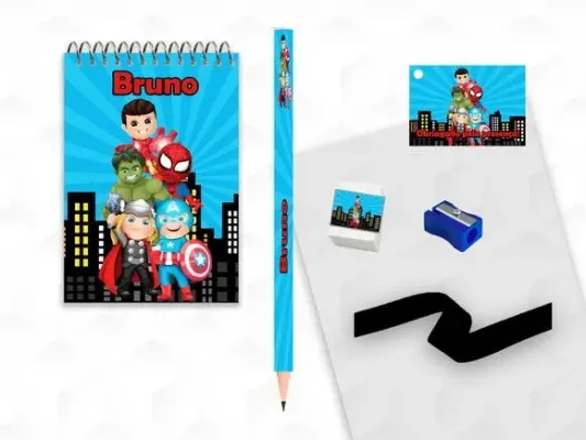 Bloquinho+ Borracha e Apontador Vingadores Personalizada - artesanato de creativitybynina