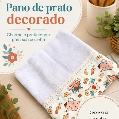 Pano de prato artesanal - com barrado de tecido 19 - artesanato de Djulik