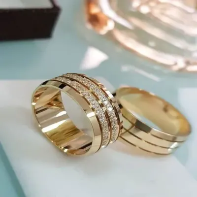 Alianças de Ouro 18k 8mm 8grs Casamento + Anel Solitário - artesanato de TM JOIAS