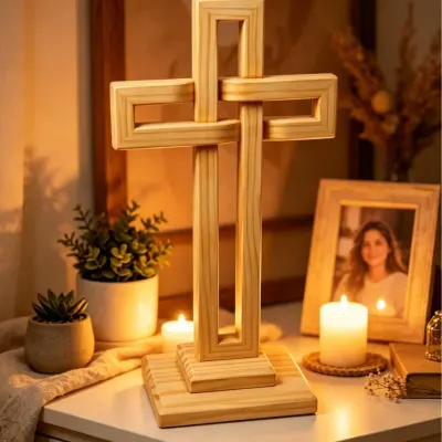 Crucifixo de Madeira Natural  Entrelaçada com Base de Apoio. - artesanato de RAMAL BROCA