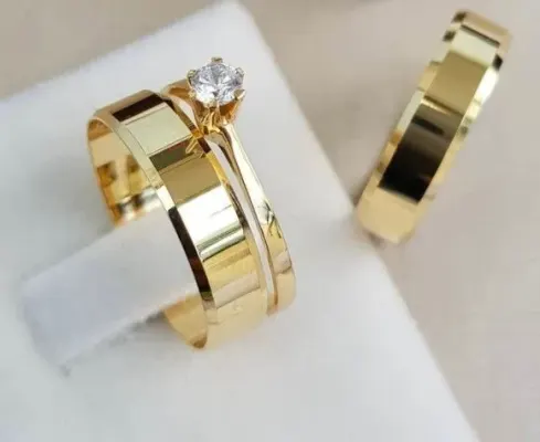 Par Alianças de Noivado Moeda Antiga 6mm + Anel Solitário - artesanato de TM JOIAS