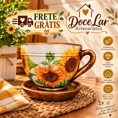Vaso de Planta Tipo Xícara de Cerâmica Tamanho Médio Artesanal Rústica Girassol - artesanato de Doce Lar Artesanatos