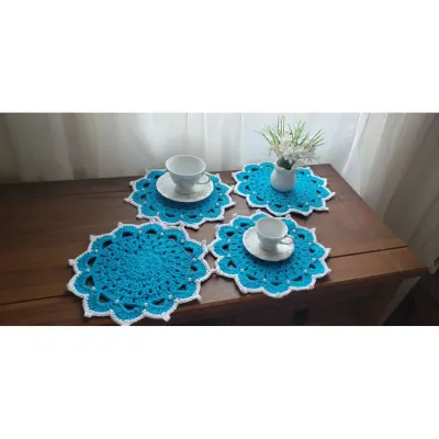 Mini Sousplat Crochê Café ou Chá Azul Turquesa /branco - artesanato de Mari Crochê feito com carinho!