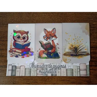 Marcador de Página Magnético "Coruja, Raposa e Livro" - artesanato de Emejhu Personalizados