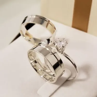 Par Alianças Prata 950 Namoro 4mm + Anel Compromisso - artesanato de TM JOIAS