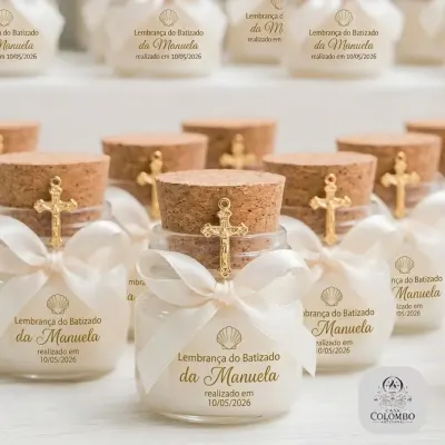 Mini Vela Aromática em Pote Geleinha com Tampa de Rolha - Lembrancinha de Batizado - artesanato de Casa Colombo Artesanal