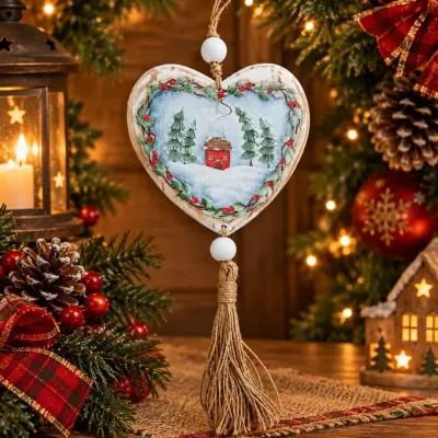 Pendente Coração Madeira de Natal - artesanato de Flor Seca Casa e Ambiente