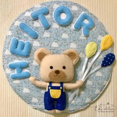 Guirlanda Porta Maternidade Urso e Balões em Feltro 35cm - artesanato de edeatelier