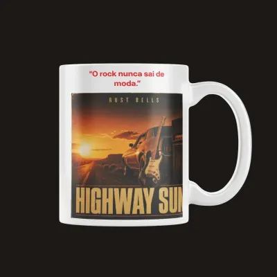 Caneca Highway Sun Estampa Retrô de Carro e Guitarra 325ml - artesanato de Max Absoluto