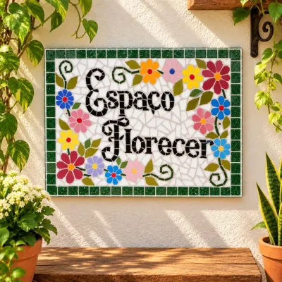 🌸 Placa em Mosaico – Espaço Florescer - artesanato de Crismosaico & madeiras