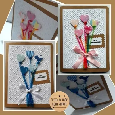 Cartões de Aniversário - Corações Azuis e Rosas - artesanato de Ateliê de Criação Usina Caseira