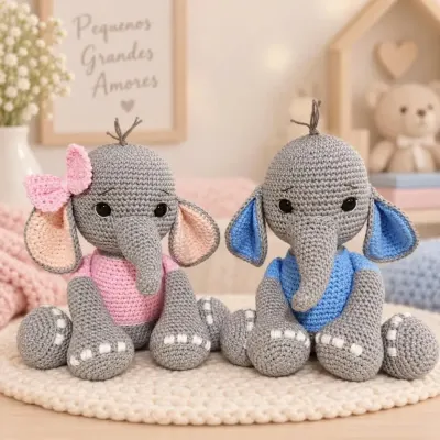 Elefantinhos Amigurumi em Crochê – Fofura em Rosa e Azul 🐘💕 - artesanato de crocheteria com a Maria