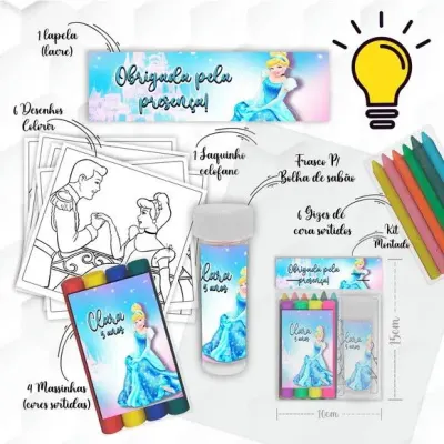 Kit Massinha + Giz + Bolha Cinderela Personalizado - artesanato de Mi Papelaria Criativa
