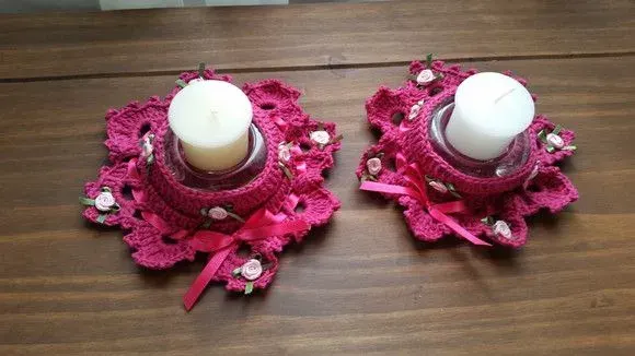 Conjunto de Porta Velas em Crochê Magenta - artesanato de Mari Crochê feito com carinho!