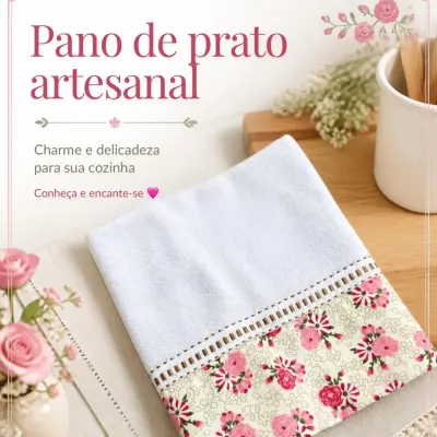 Pano de prato artesanal - com barrado de tecido 10 - artesanato de Djulik