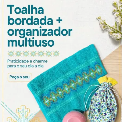Kit 2 peças - toalha de mão bordada e organizador multiuso PP 5 - artesanato de Djulik