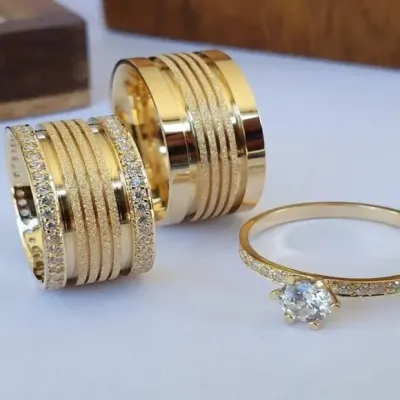 Alianças de Ouro 18k 10mm 10grs Casamento + Anel Solitário - artesanato de TM JOIAS