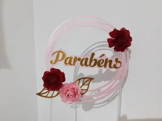 Topo de Bolo Circular com Rosas - Camadas - artesanato de Emejhu Personalizados