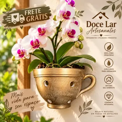 Vaso de Planta Tipo Xícara de Parede para Orquídea de Cerâmica - artesanato de Doce Lar Artesanatos