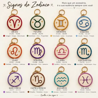Chaveiro Bordado – Signos do Zodíaco 4×4 cm - artesanato de DK Criativa Bordados Artesanais
