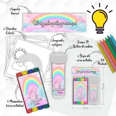 Kit Massinha + Giz + Bolha Arco Iris Personalizado - artesanato de Mi Papelaria Criativa
