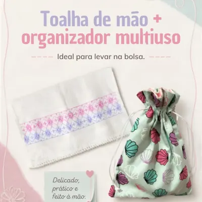 Kit 2 peças - toalha de mão bordada e organizador multiuso PP 4 - artesanato de Djulik