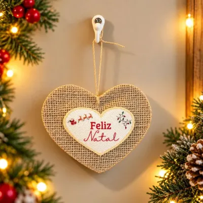 Coração Pingente de Natal e Ocasiões - Juta Natural com Enchimento - Lembrancinha e Brinde - Chaveiro