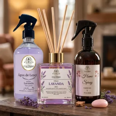 Kit Aromatizador Aconchego para o Lar 250ml - Home Spray, Água de Lençóis e Difusor - artesanato de Casa Colombo Artesanal