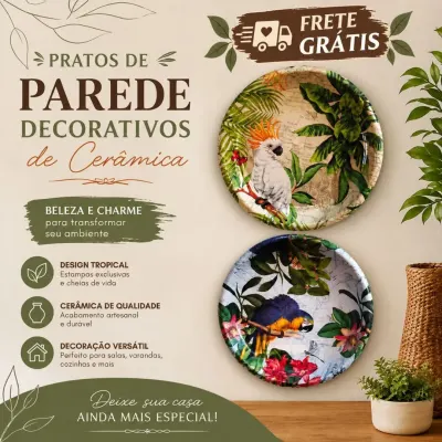 Kit 2 Prato de Parede Enfeite Decorativo De Cerâmica Artesanal Pássaros - artesanato de Doce Lar Artesanatos
