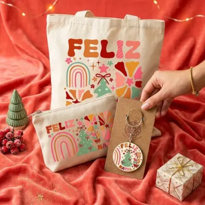 Kit Ecobag Necessaire E Chaveiro Presente Feminino Criativo Feliz Natal - artesanato de Limão e Amora Festas