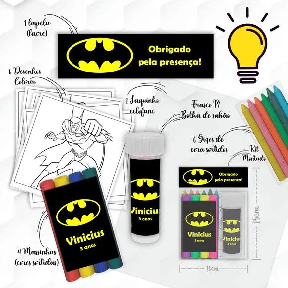 Kit Massinha + Giz + Bolha Batman Personalizado - feito à mão por Mi Papelaria Criativa
