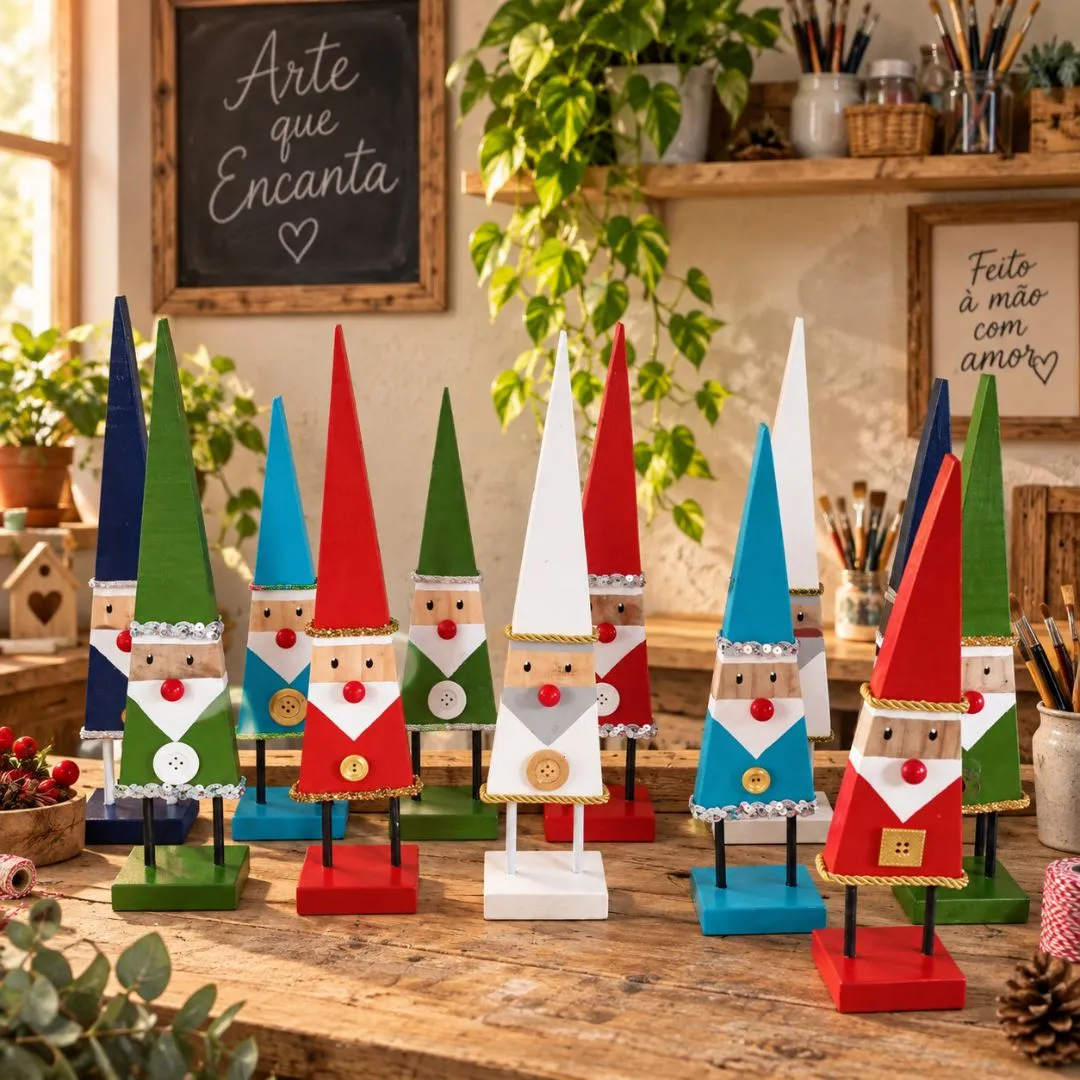 Papai Noel Artesanal em Madeira – Coleção Natal Encantado - artesanato feito à mão por Crismosaico & madeiras