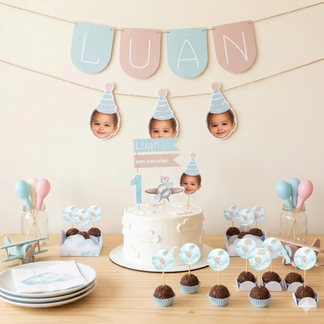 Kit Festa Personalizada Ursinho Aviador Rostinho - artesanato feito à mão por Ateliê Lembranças de Mãe