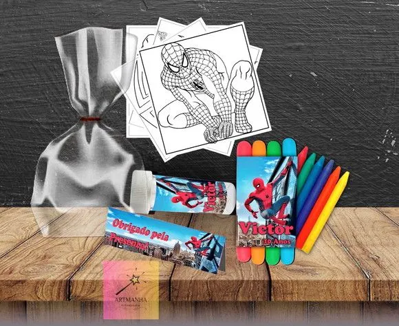 Kit Massinha + Giz + Bolha Homem Aranha Personalizado - artesanato feito à mão por Artmanha Lembrancinhas