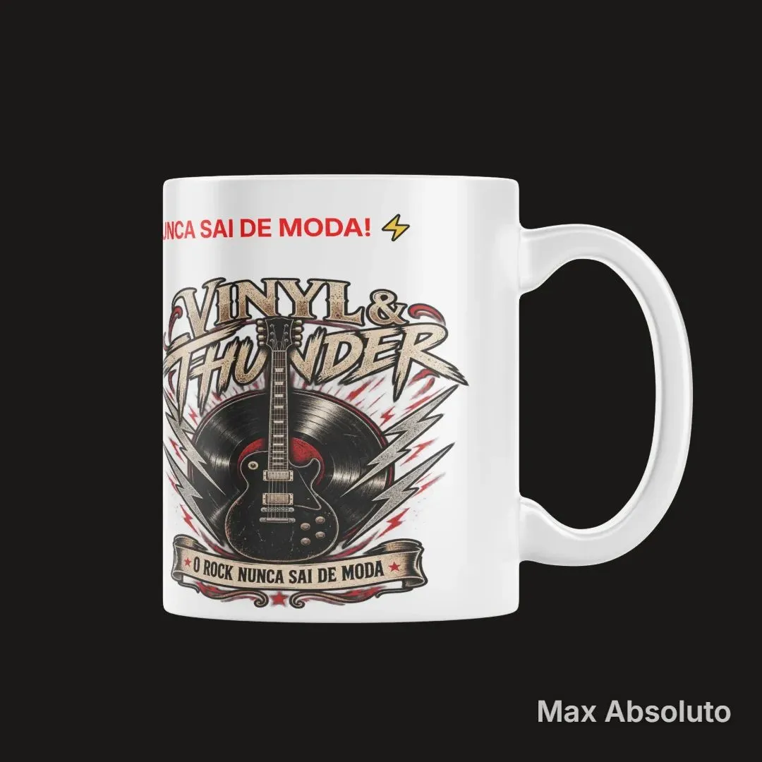 Caneca Estampa Tipográfica Vinyl & Thunder Rock Retrô 325ml - artesanato de Max Absoluto