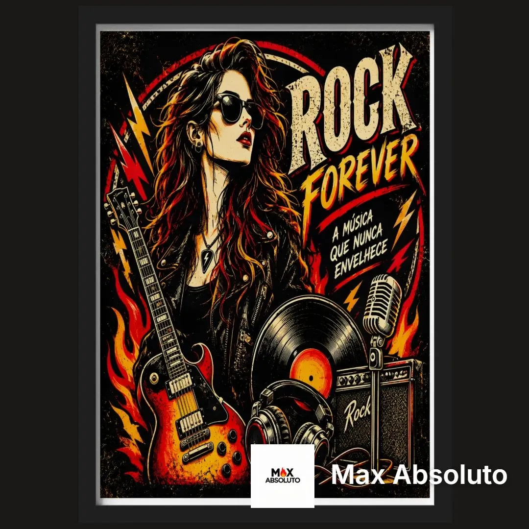 Quadro Rock Forever Estilo Vintage Vermelho e Amarelo A3 - artesanato de Max Absoluto