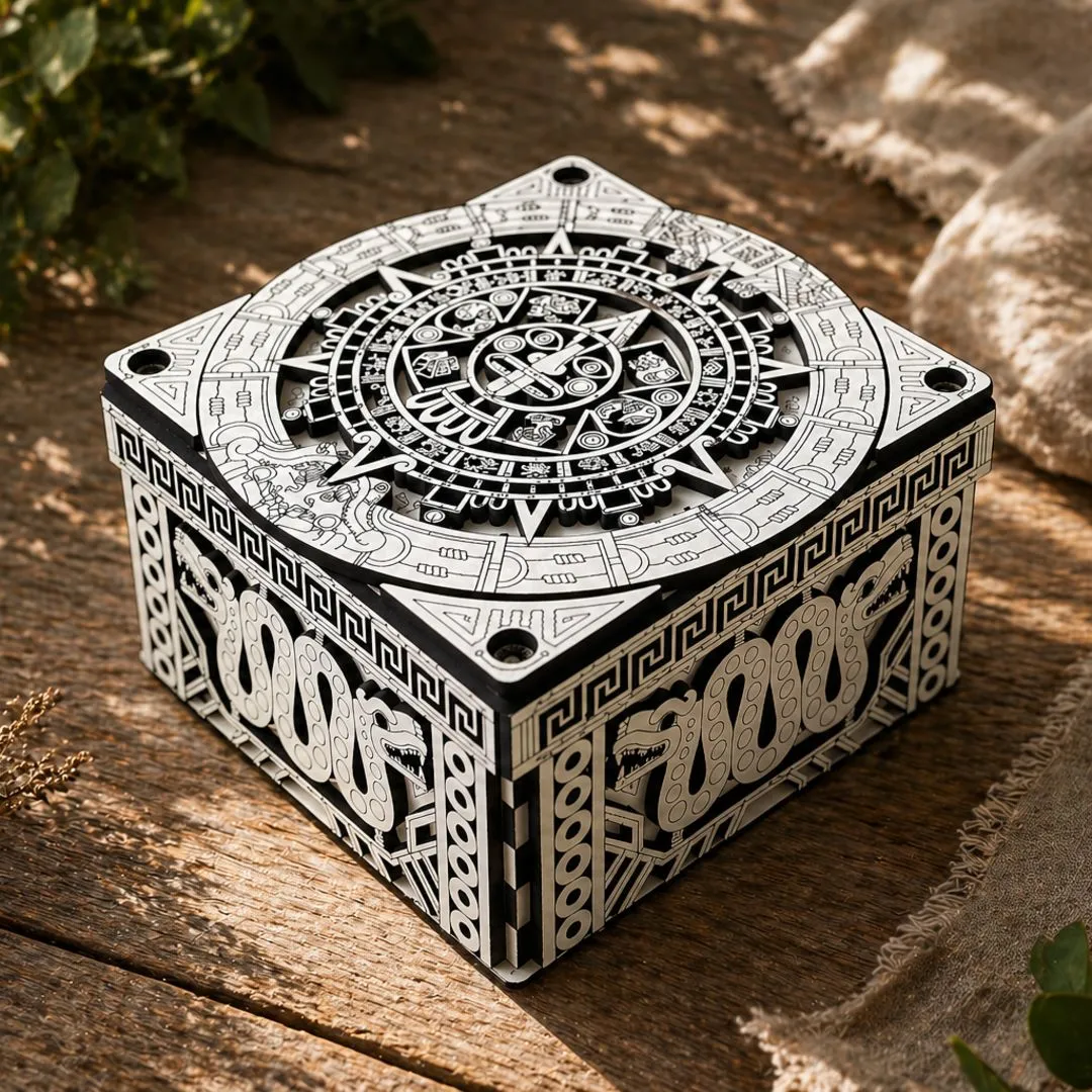 Caixa de Madeira MDF Com Gravação Asteca Artesanal 12x12x7cm - foto 2