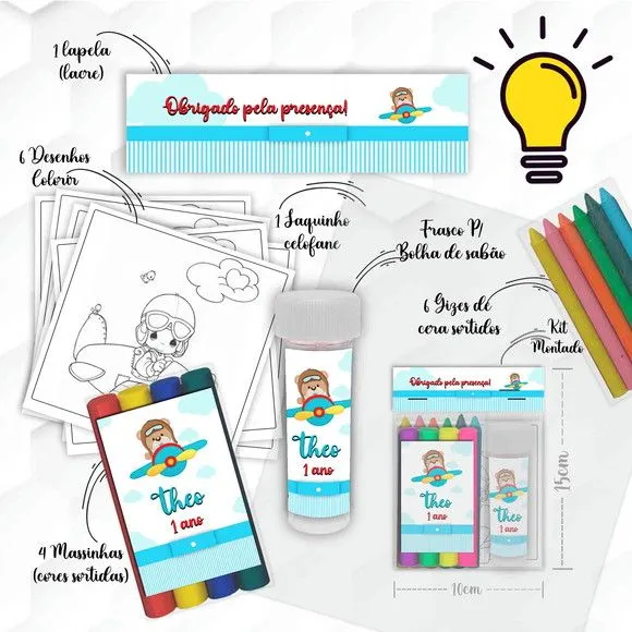 Kit Massinha + Giz + Bolha Aviador Personalizado - artesanato feito à mão por Mi Papelaria Criativa