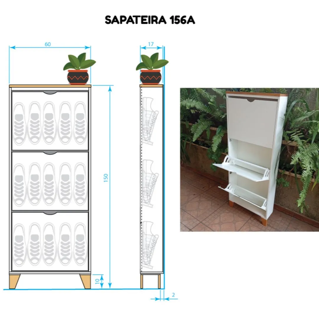 👞 Sapateira 156A - Slim - 3 Portas Basculantes – MDF Branco e Pinus Cerejeira - foto 6