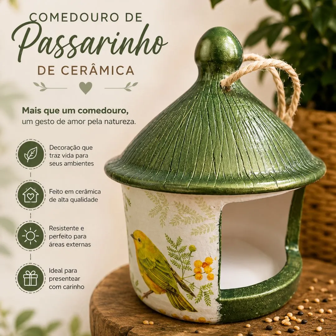 Comedouro De Pássaro De Cerâmica Artesanal Verde Outono - foto 2