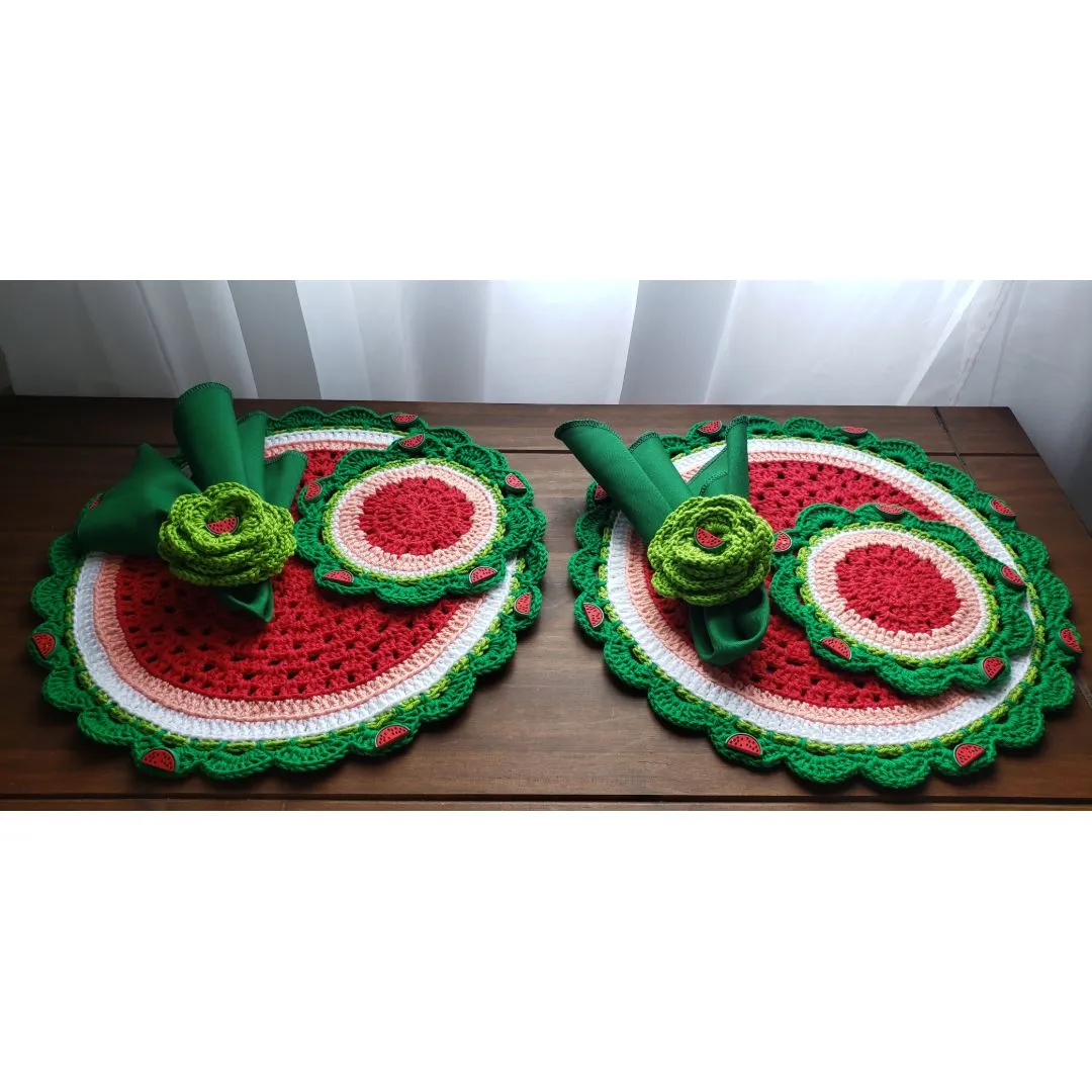 Kit Sousplat em crochê Melancia 2 Pessoas - artesanato de Mari Crochê feito com carinho!