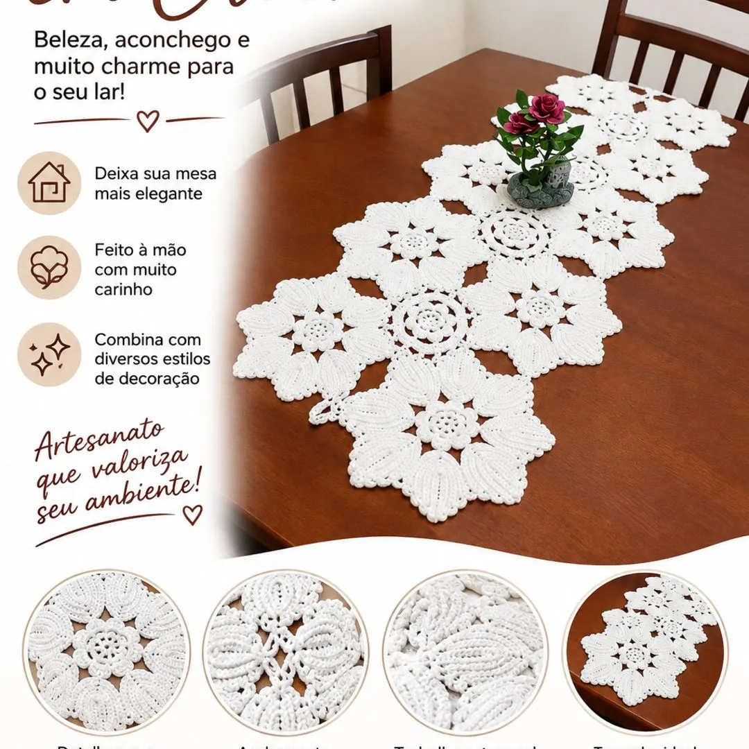 Caminho de mesa de crochê com rosetas - artesanato feito à mão por Dulci Artes Crochê
