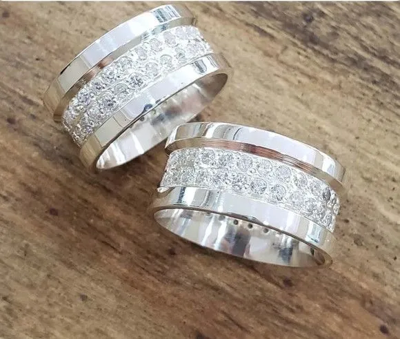 Par Alianças Prata 950 Namoro Italiana 10mm + Anel Compromiso - artesanato feito à mão por TM JOIAS
