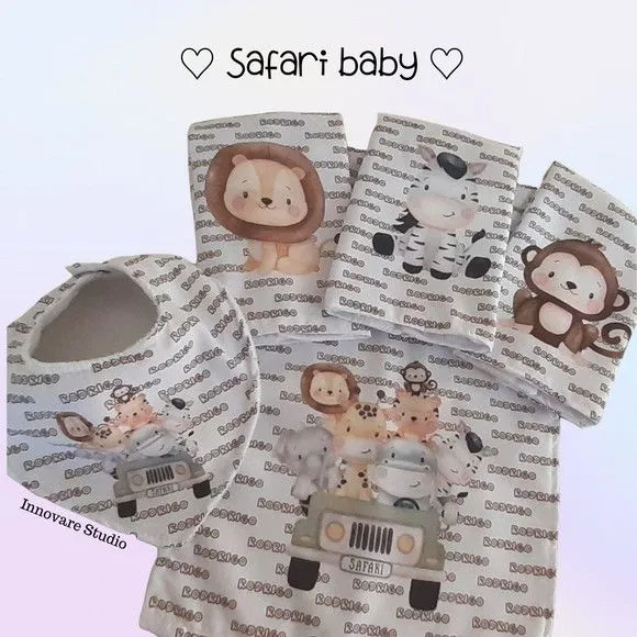 Kit babador e fraldinhas - safari baby - artesanato feito à mão por Innovare Studio
