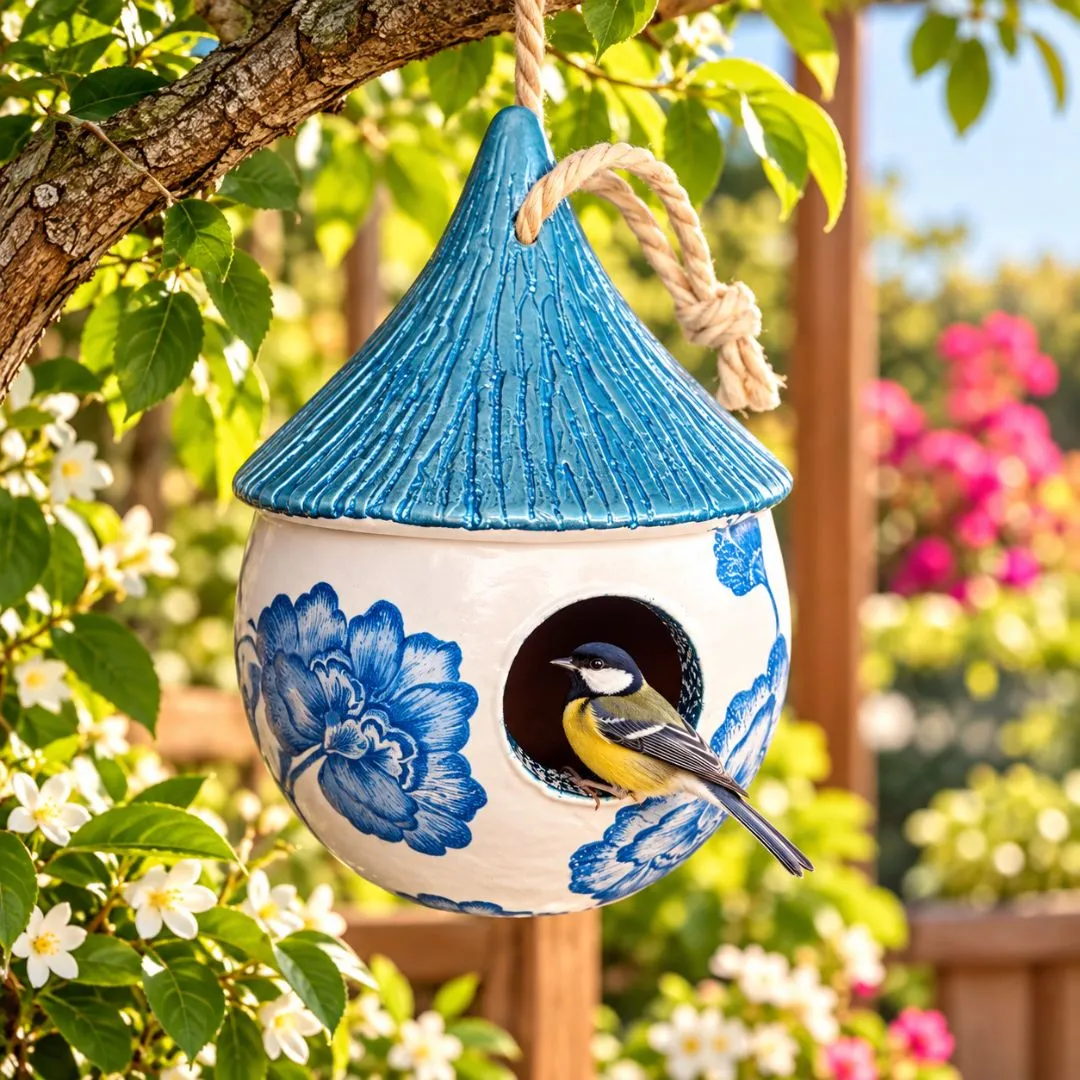 Casinha de Passarinho de Cerâmica Artesanal Floral Azul Infinito - foto 3