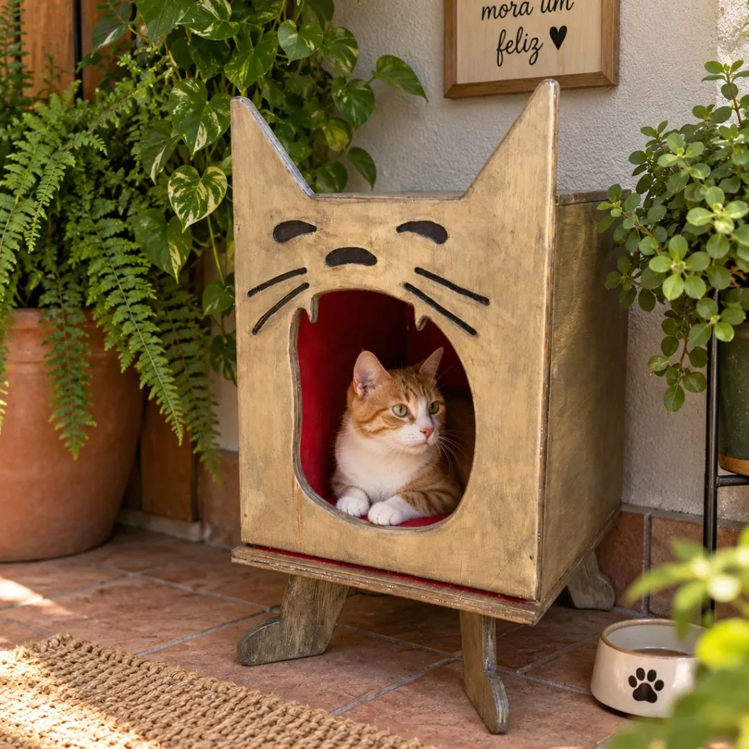 🐾 Casinha para Gatos em Madeira – Modelo Gatinho Rústico