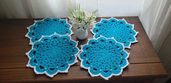 Mini Sousplat Crochê Café ou Chá Azul Turquesa /branco - foto 2