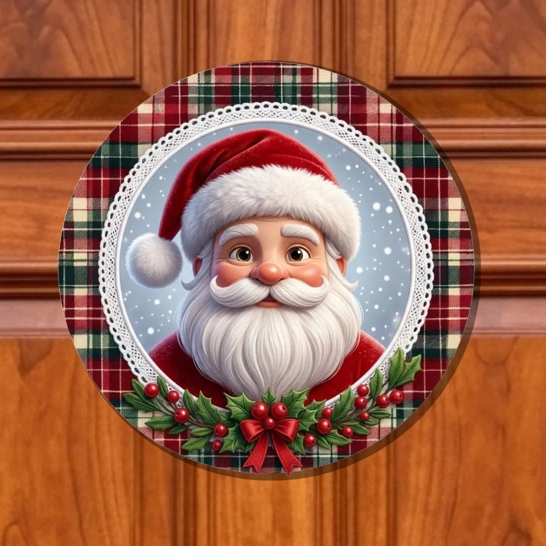 Guirlanda de Natal enfeite de porta Placa decorativa MDF 33 cm Papai Noel xadrez