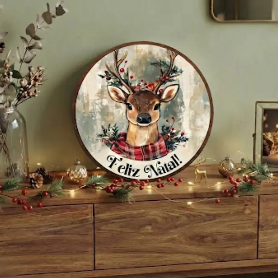 Placa decorativa MDF 35 cm Guirlanda de Natal enfeite de porta Rena - artesanato feito à mão por Limão e Amora Festas